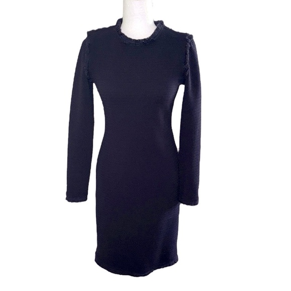 Joseph Ribkoff Black Textured Fringe Trimmed Long Sleeve Knit Sheath Dress - 6 - Picture 10 of 10